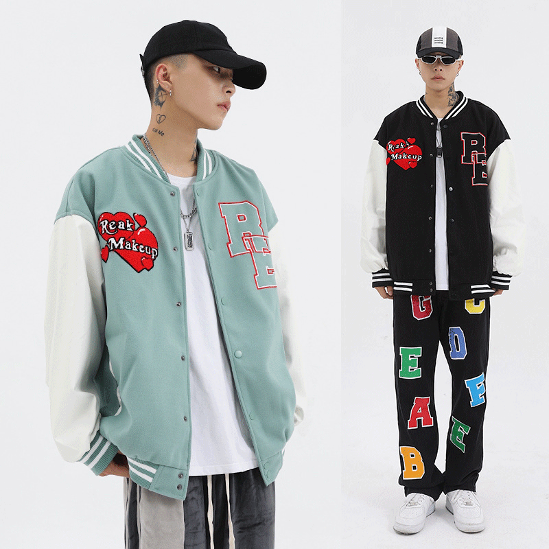 Valentine's Day Jacket Stitching PU Leather Embroidery on Sleeves Love Angel Towel Embroidery Couple Baseball Uniform
