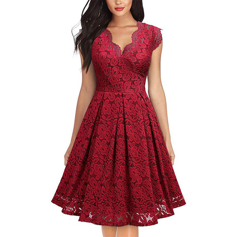 Valentine's Day Dress Vintage Lace V-neck Sleeveless Swing Dress