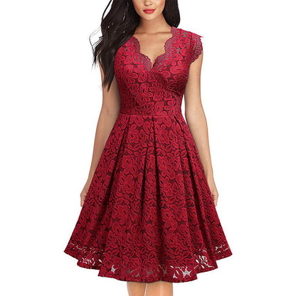 Valentine's Day Dress Vintage Lace V-neck Sleeveless Swing Dress