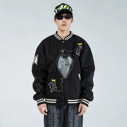 Valentine's Day Jacket Hollow-out Love Jacket Embroidered Men's Baggy Coat