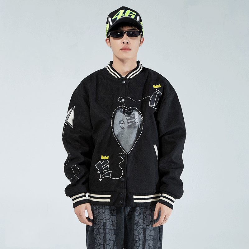 Valentine's Day Jacket Hollow-out Love Jacket Embroidered Men's Baggy Coat