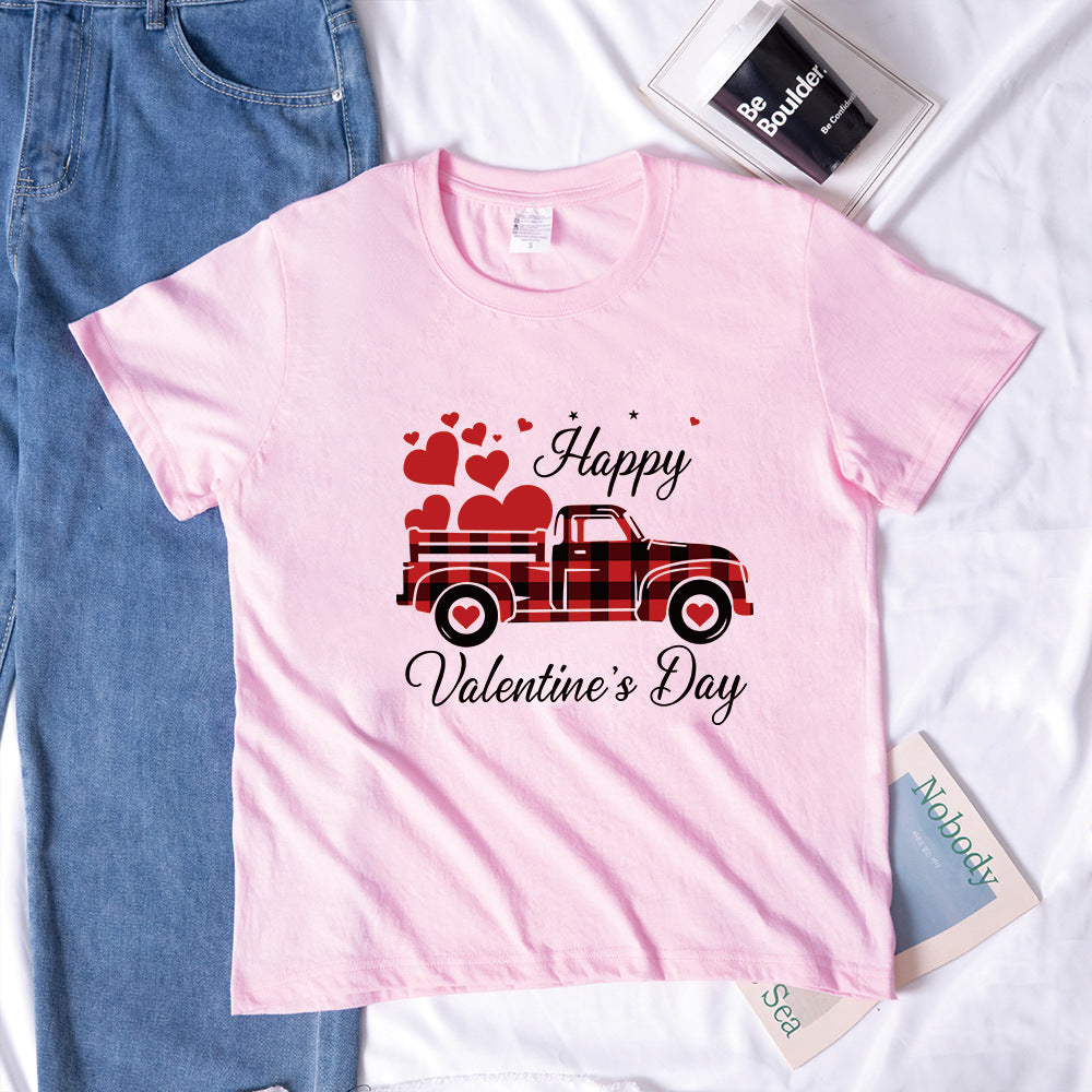 Valentine 'S Day T Shirts Couples Letter Truck Print Loose Pullover Short Sleeve T-shirt