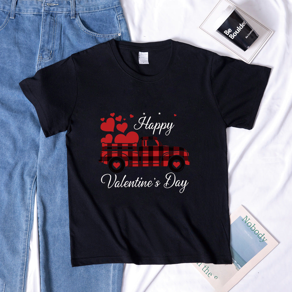 Valentine 'S Day T Shirts Couples Letter Truck Print Loose Pullover Short Sleeve T-shirt