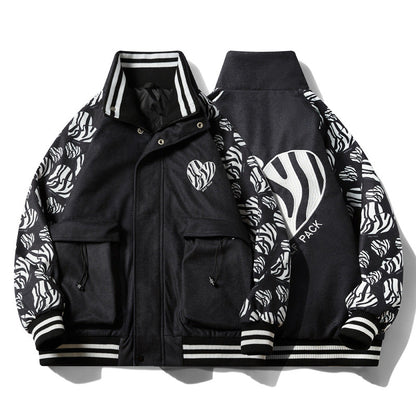 Valentine's Day Jacket Love Embroidered Stand Collar Warm Thick Casual Jacket Same Style for Men and Women Flight Jacket