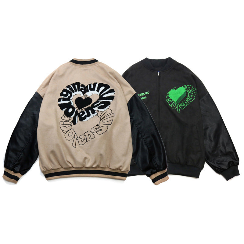 Valentine's Day Jacket Hip Hop Retro Love Flocking Embroidered Baseball Uniform Men's PU Leather Stitching Casual Jacket Coat