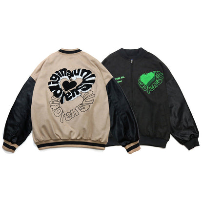 Valentine's Day Jacket Hip Hop Retro Love Flocking Embroidered Baseball Uniform Men's PU Leather Stitching Casual Jacket Coat