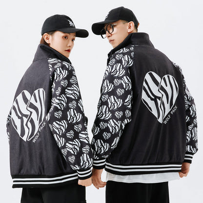 Valentine's Day Jacket Love Embroidered Stand Collar Warm Thick Casual Jacket Same Style for Men and Women Flight Jacket