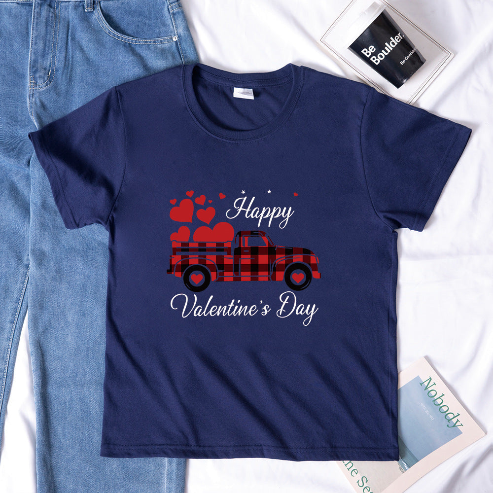 Valentine 'S Day T Shirts Couples Letter Truck Print Loose Pullover Short Sleeve T-shirt