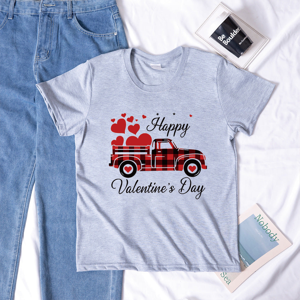 Valentine 'S Day T Shirts Couples Letter Truck Print Loose Pullover Short Sleeve T-shirt
