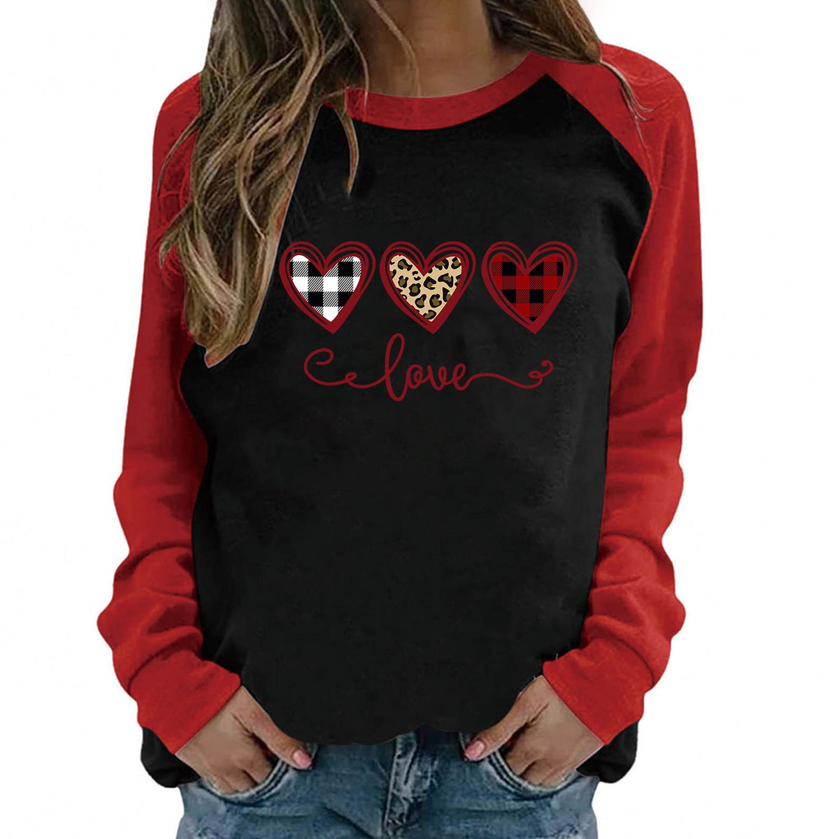 Valentine 'S Day T Shirt Top Raglan Long Sleeve Love Heart Printing Round Neck Cotton