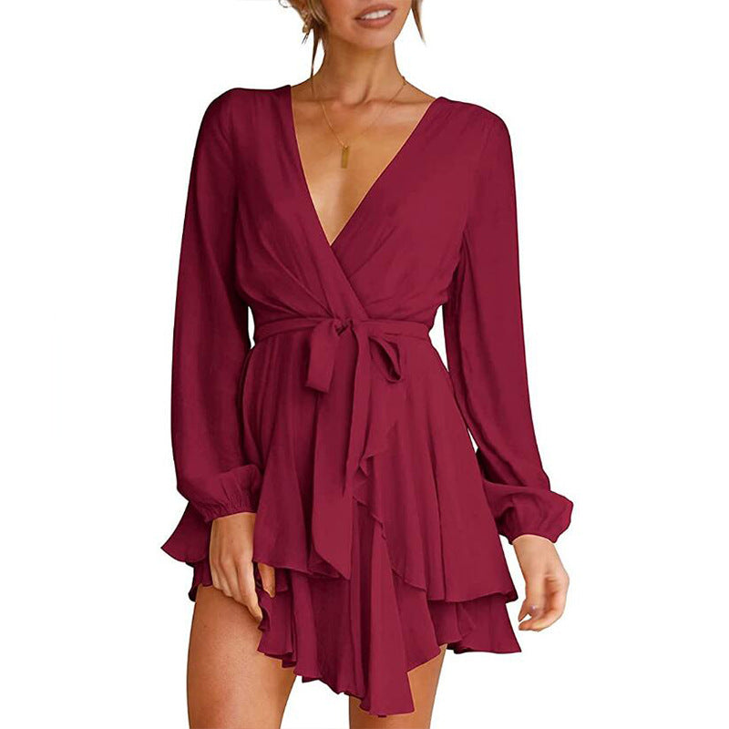 Valentine's Day Dress Women's High Waist V-neck Dress Solid Color Casual Short Skirt
