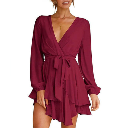 Valentine's Day Dress Women's High Waist V-neck Dress Solid Color Casual Short Skirt