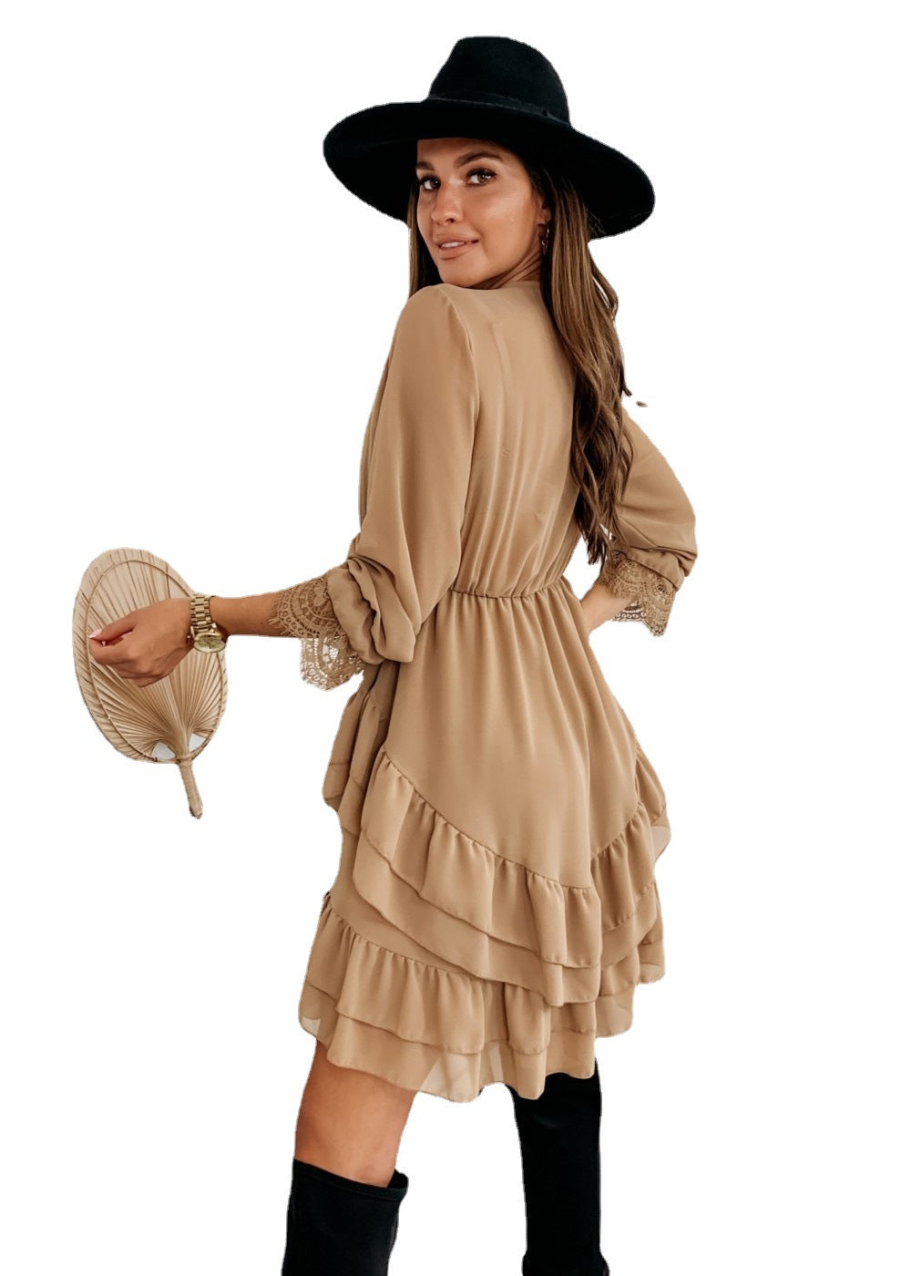 Valentine's Day Dress Women's Long-Sleeved Pullover V-neck Flounce Dress