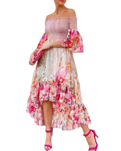Valentine's Day Outfits Floral Flared Sleeve Tight Waist Dress