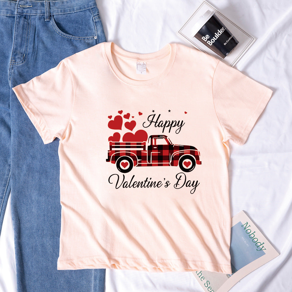 Valentine 'S Day T Shirts Couples Letter Truck Print Loose Pullover Short Sleeve T-shirt