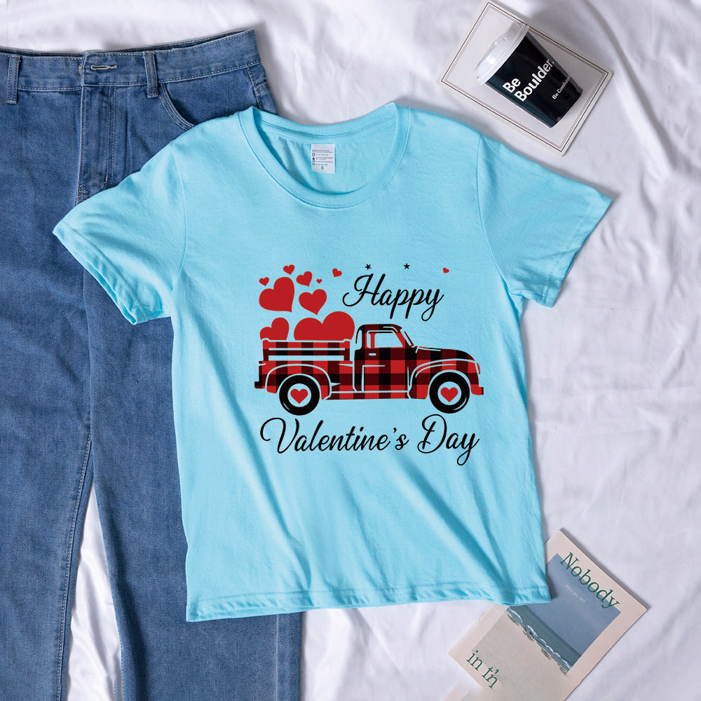 Valentine 'S Day T Shirts Couples Letter Truck Print Loose Pullover Short Sleeve T-shirt