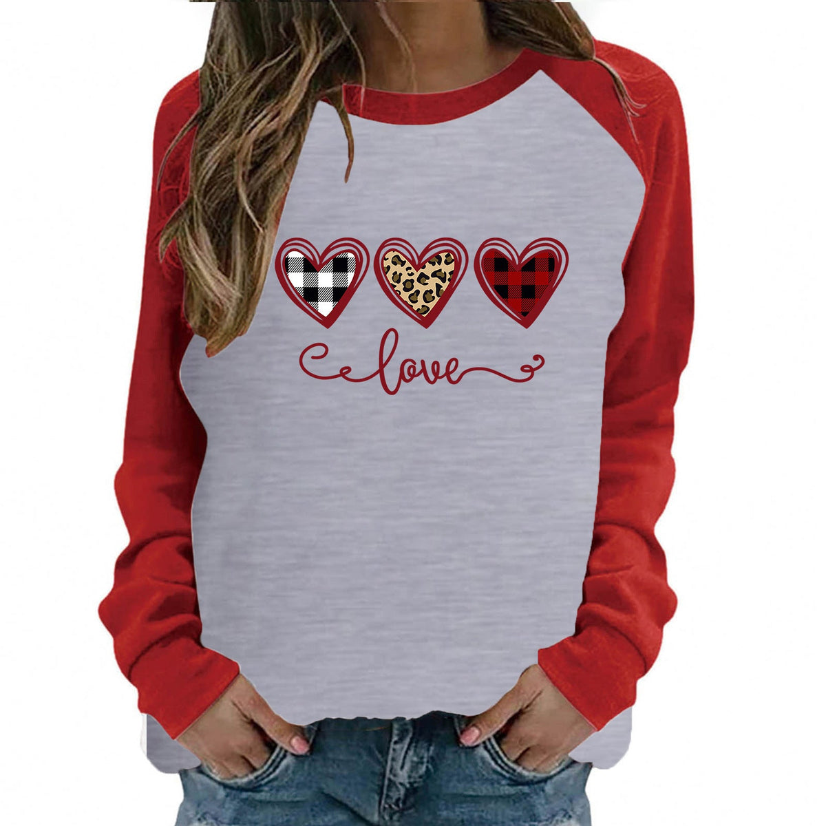 Valentine 'S Day T Shirt Top Raglan Long Sleeve Love Heart Printing Round Neck Cotton