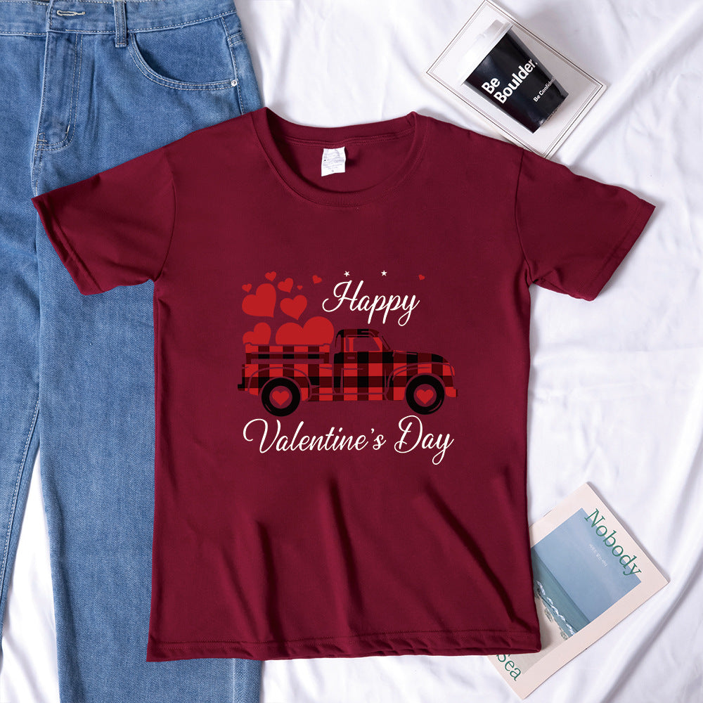 Valentine 'S Day T Shirts Couples Letter Truck Print Loose Pullover Short Sleeve T-shirt