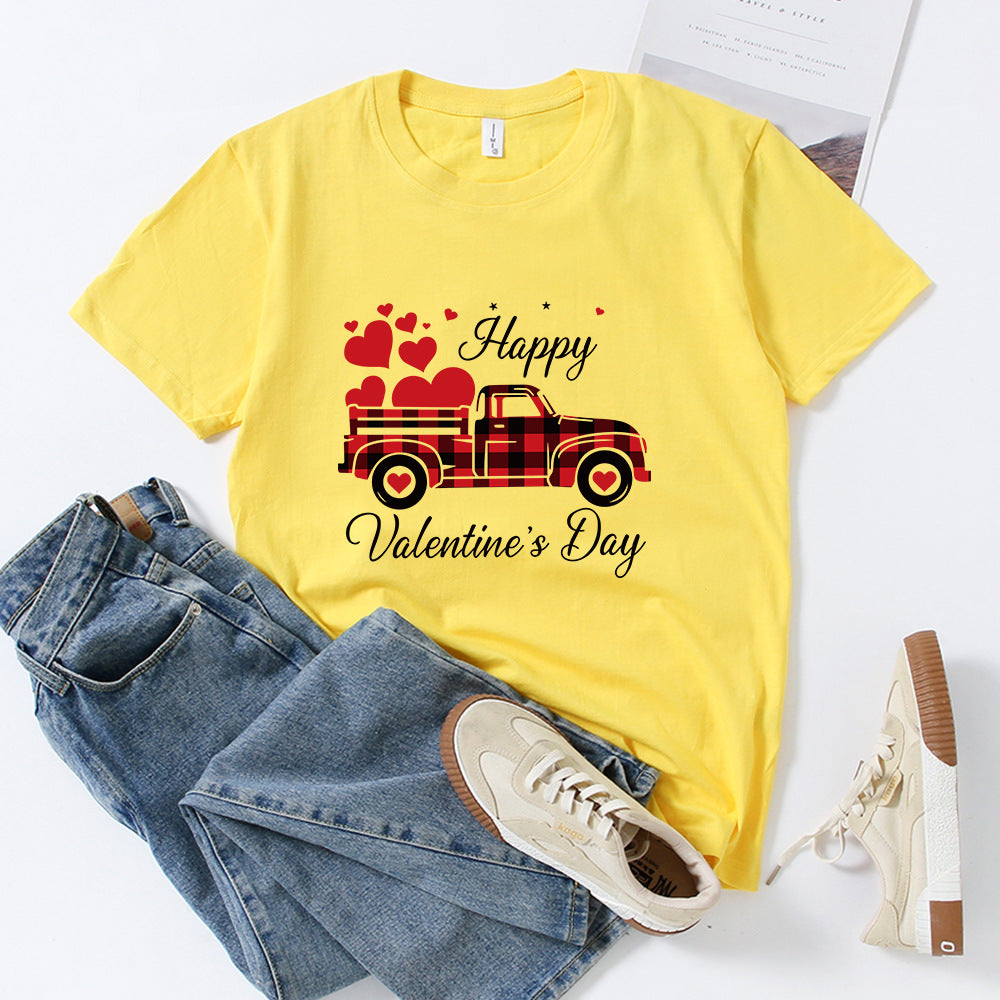 Valentine 'S Day T Shirts Couples Letter Truck Print Loose Pullover Short Sleeve T-shirt