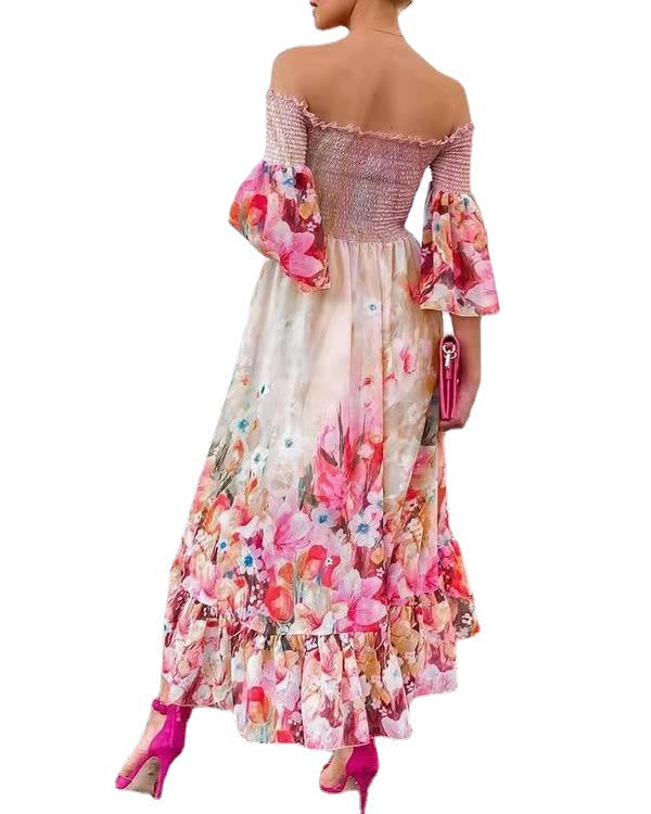 Valentine's Day Outfits Floral Flared Sleeve Tight Waist Dress