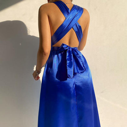 Valentine 'S Day Dress Spring/Summer Solid Color And V-neck Sexy Backless Evening Dress For Women