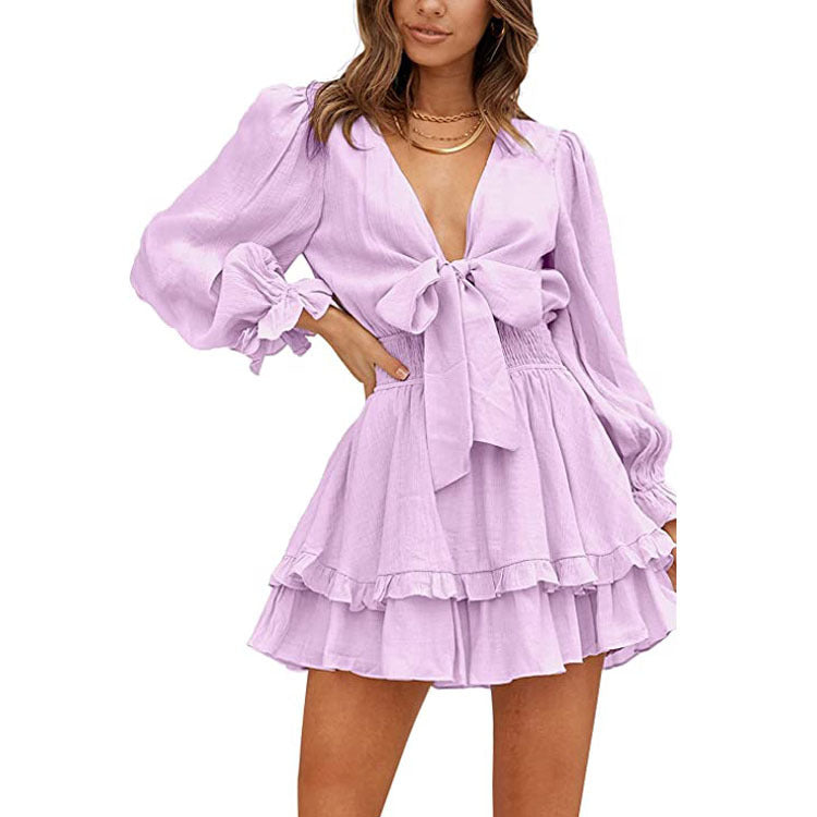 Valentine's Day Dress Autumn Long Sleeve Ruffled Solid Color Dress for Women
