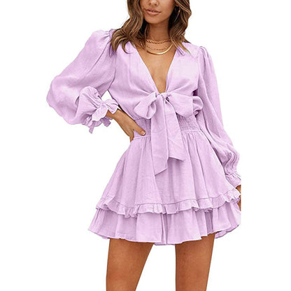 Valentine's Day Dress Autumn Long Sleeve Ruffled Solid Color Dress for Women