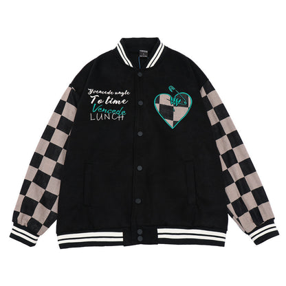 Valentine's Day Jacket Heart Letter Embroidery Contrast Color Jacket Coat Men Loose Lapel Couple Baseball Uniform
