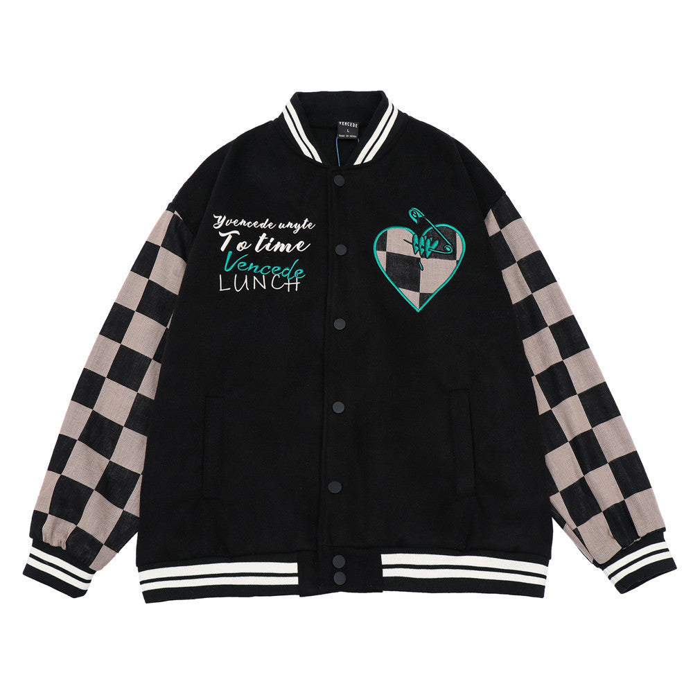 Valentine's Day Jacket Heart Letter Embroidery Contrast Color Jacket Coat Men Loose Lapel Couple Baseball Uniform