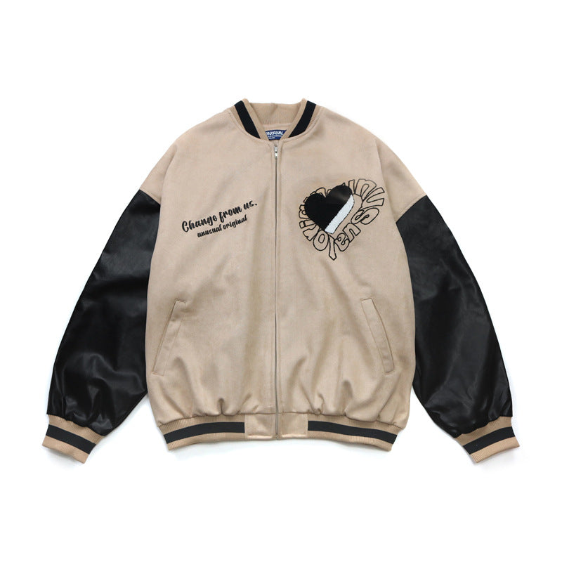 Valentine's Day Jacket Hip Hop Retro Love Flocking Embroidered Baseball Uniform Men's PU Leather Stitching Casual Jacket Coat