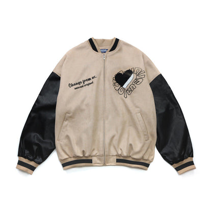 Valentine's Day Jacket Hip Hop Retro Love Flocking Embroidered Baseball Uniform Men's PU Leather Stitching Casual Jacket Coat