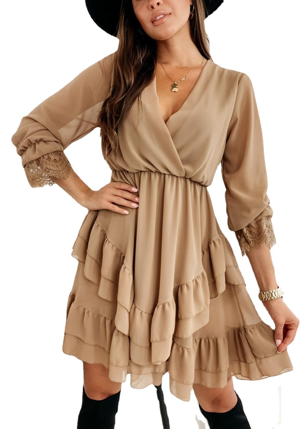 Valentine's Day Dress Women's Long-Sleeved Pullover V-neck Flounce Dress