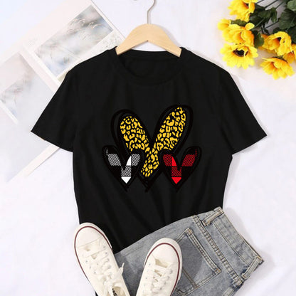 Valentine 'S Day T Shirts Couples Leopard Print Heart Printing Loose Pullover Women