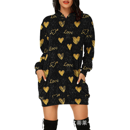 Valentine's Day Dress Hooded Long Sleeve Printed Skirt