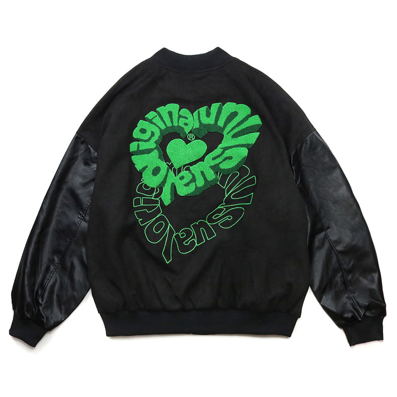 Valentine's Day Jacket Hip Hop Retro Love Flocking Embroidered Baseball Uniform Men's PU Leather Stitching Casual Jacket Coat