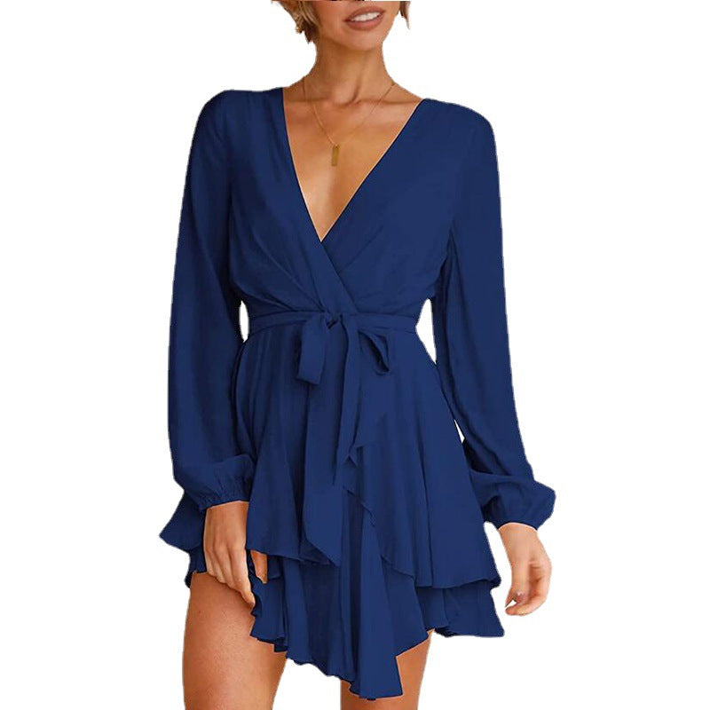 Valentine's Day Dress Women's High Waist V-neck Dress Solid Color Casual Short Skirt
