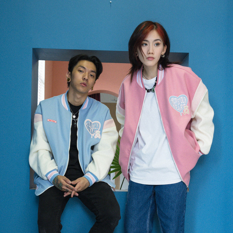 Valentine's Day Jacket Color Contrast Patchwork Drop-Shoulder Sleeve Couple Loose Woolen Baseball Uniform Jacket