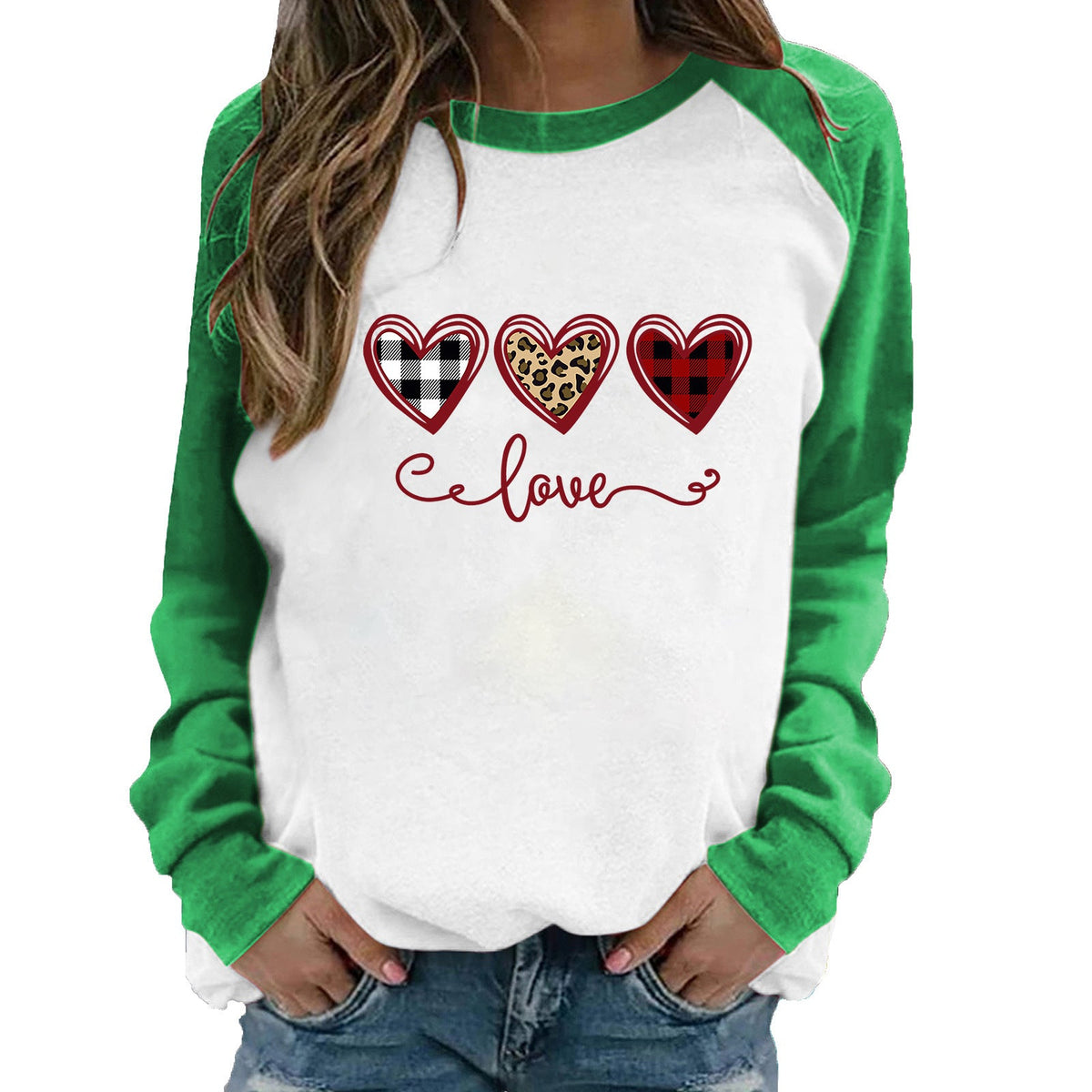 Valentine 'S Day T Shirt Top Raglan Long Sleeve Love Heart Printing Round Neck Cotton