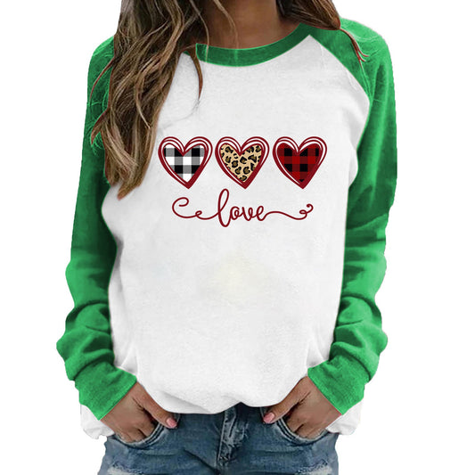 Valentine 'S Day T Shirt Top Raglan Long Sleeve Love Heart Printing Round Neck Cotton