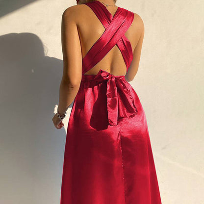 Valentine 'S Day Dress Spring/Summer Solid Color And V-neck Sexy Backless Evening Dress For Women