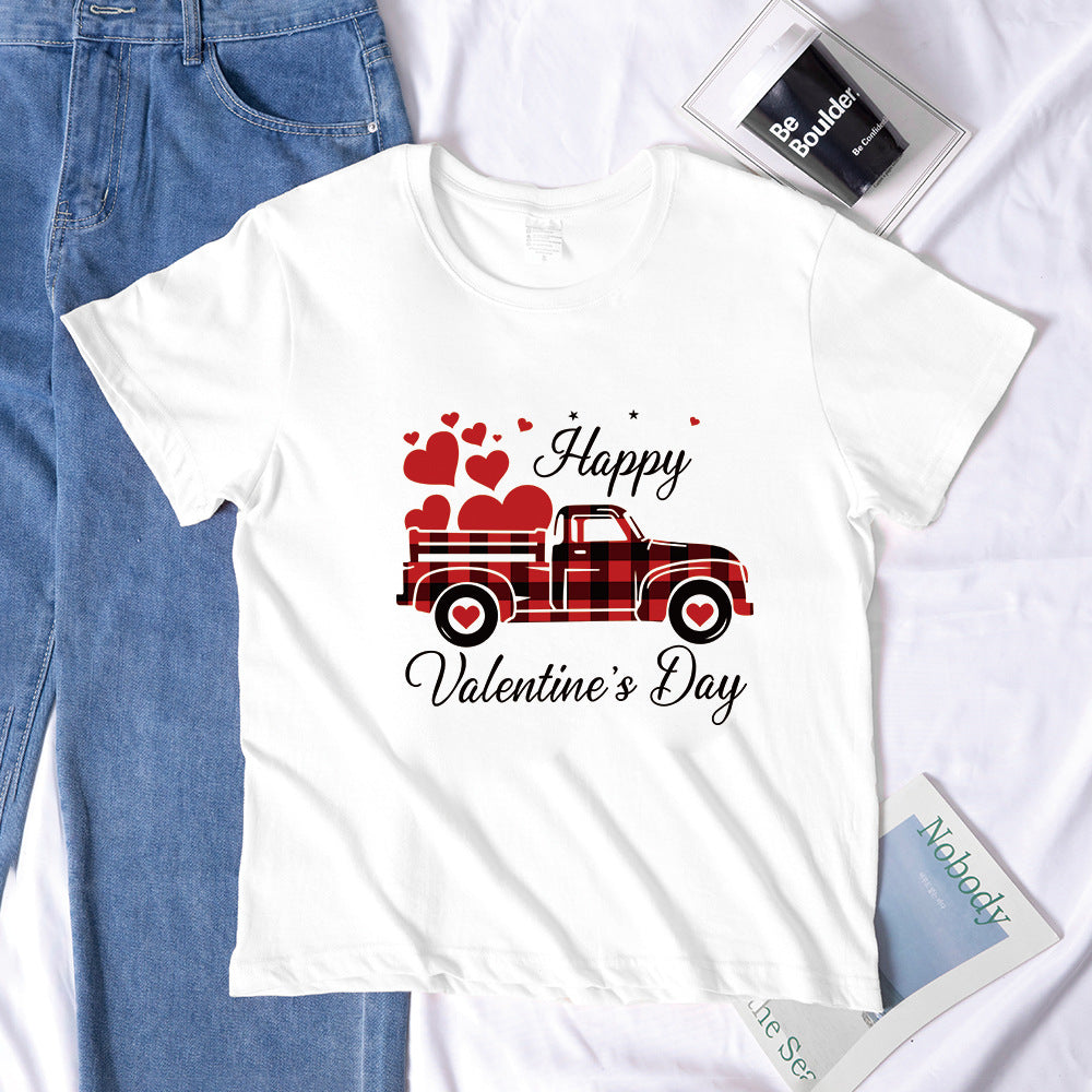 Valentine 'S Day T Shirts Couples Letter Truck Print Loose Pullover Short Sleeve T-shirt
