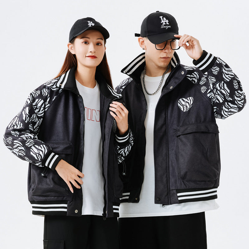Valentine's Day Jacket Love Embroidered Stand Collar Warm Thick Casual Jacket Same Style for Men and Women Flight Jacket