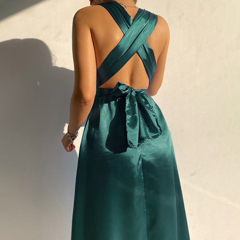 Valentine 'S Day Dress Spring/Summer Solid Color And V-neck Sexy Backless Evening Dress For Women