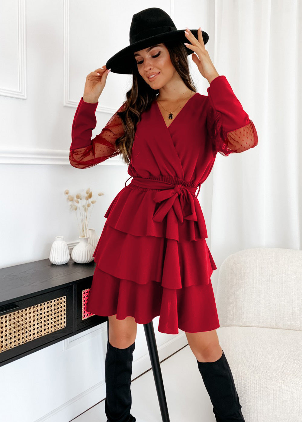 Valentine's Day Dress Spring Stitching Mesh Sleeve Long Sleeve Dress