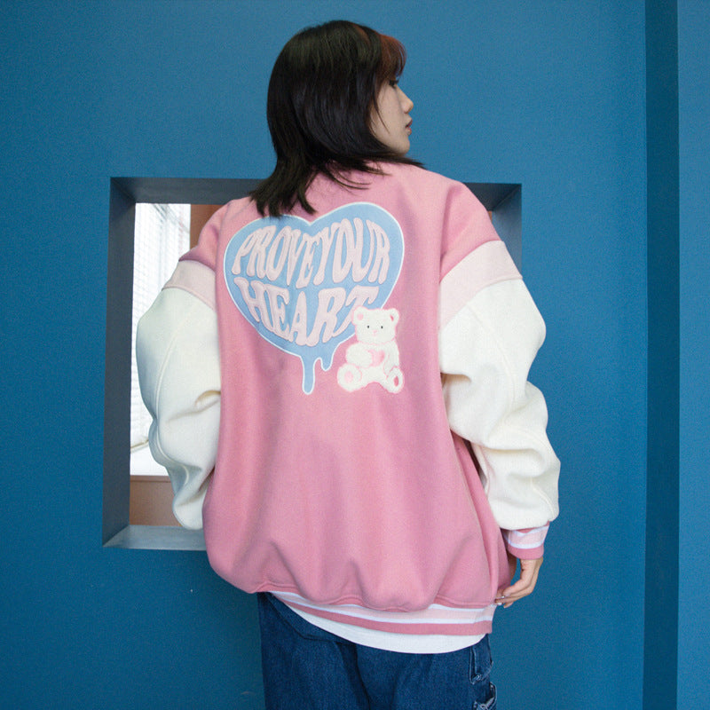 Valentine's Day Jacket Color Contrast Patchwork Drop-Shoulder Sleeve Couple Loose Woolen Baseball Uniform Jacket