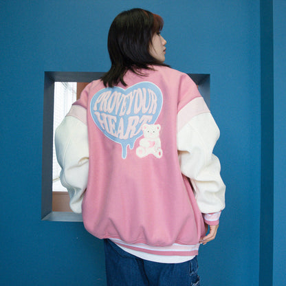 Valentine's Day Jacket Color Contrast Patchwork Drop-Shoulder Sleeve Couple Loose Woolen Baseball Uniform Jacket