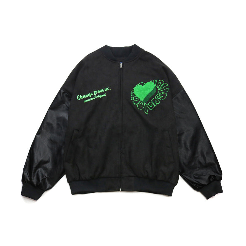 Valentine's Day Jacket Hip Hop Retro Love Flocking Embroidered Baseball Uniform Men's PU Leather Stitching Casual Jacket Coat