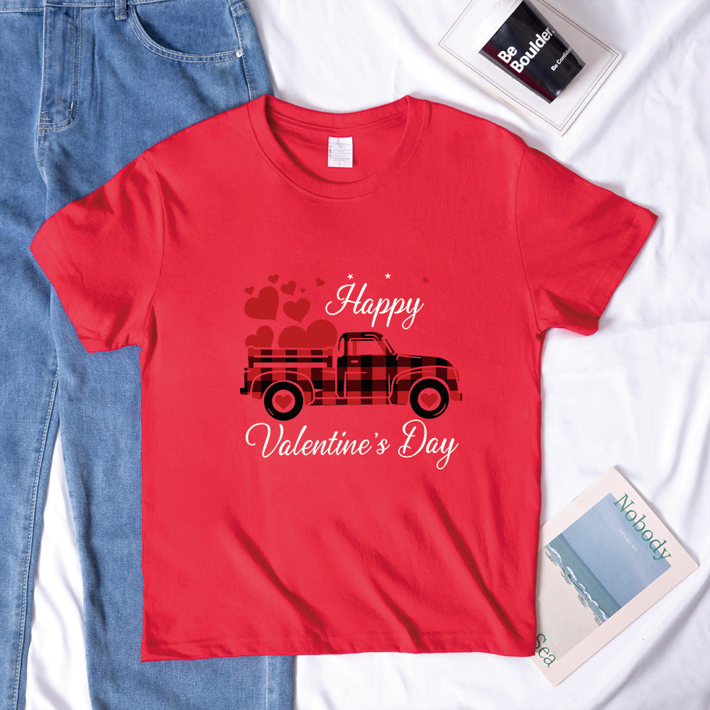 Valentine 'S Day T Shirts Couples Letter Truck Print Loose Pullover Short Sleeve T-shirt
