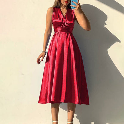 Valentine 'S Day Dress Spring/Summer Solid Color And V-neck Sexy Backless Evening Dress For Women