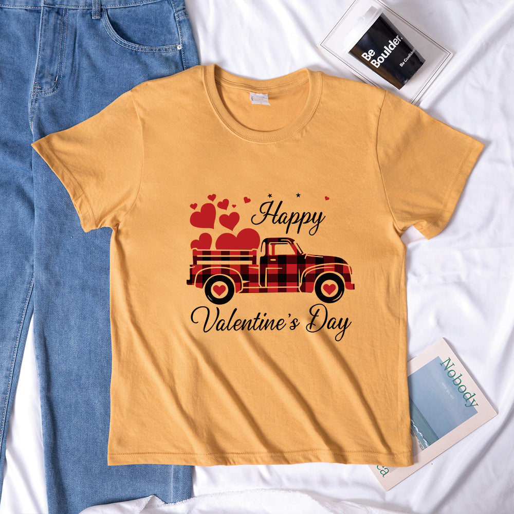Valentine 'S Day T Shirts Couples Letter Truck Print Loose Pullover Short Sleeve T-shirt
